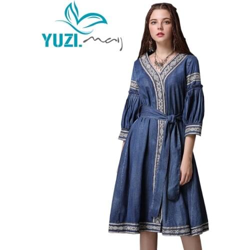Summer Dress 2018 Yuzi.may Boho New Denim Vestidos A-line V-Neck Three Quarter Sleeve Belted Women Dresses A82071 Vestido Female