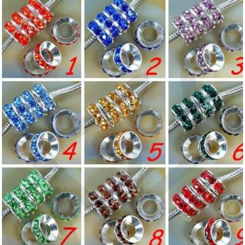 10mm mixed yfg3 pink color wholesale rhinstone bracelet silver plated Crystal Big Hole Beads European Round Loose Charm bead