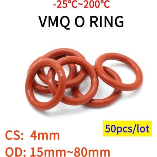 50pcs VMQ O Ring Seal Gasket Thickness CS 4mm OD 15 ~ 45mm Silicone Rubber Insulated Waterproof Washer Round Shape Nontoxi Red