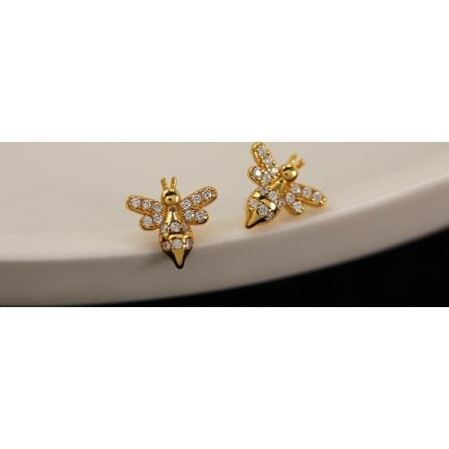 925 Sterling Silver French Simple Pavé Crystal Bee Stud Earrings Women Fashion Plating 14k Gold Jewelry Accessories