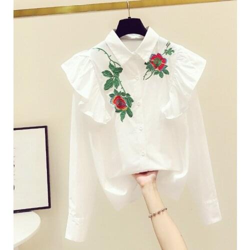 Flower Embroidery White Women Shirts Summer 2021 Turn-Down Collar Long-Sleeved Elegant Office Lady Outwear Tops