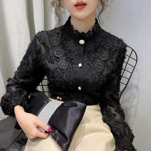 Blouse Women Womens Turtleneck Lace Spring and Autumn Hollow-out Small Shirt Mesh Top Blusas Ropa De Mujer