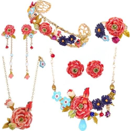 European and American Parrot Rose Series Set Enamel Color Glaze Red Flower Bird Long Necklace Bangle Stud Earrings Earrings Ring