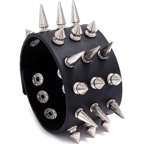 The New Three-row Sharp Nail Exaggerated Punk Wide Leather Bracelet Personality Bar Street Dance Jewelry