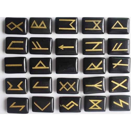 Wholesale 25pcs/lot Natural black onyx Viking Runes Amulet Set Reiki Healing Crystals Divination Tumbled rectangle Stones free