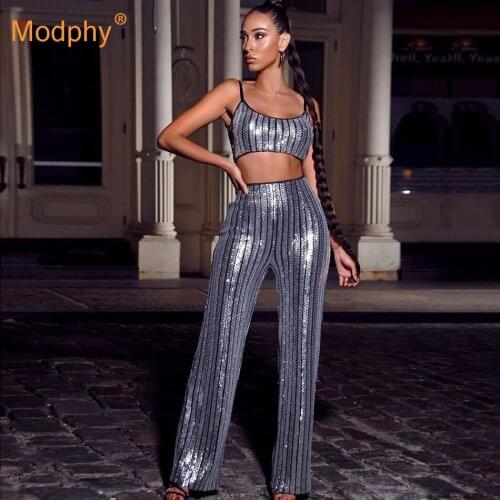 Autumn WomenS Sexy Bodycon2 Two-Piece Set Sequined Spaghetti Strap Short Top And High Waist Wide Leg Pants Party Suit 2020 New