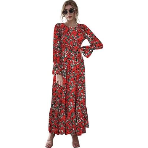 Summer Floral Print O Neck Long Sleeve High Waist Ruffle Elegant Dress Women Casual Boho Ladies Streetwear Beach Party Dresses