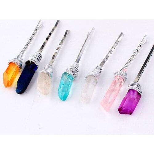 Drop Shipping Natural Stone Handmade Twined Colorful Hair Clip for Women Personality Quartz Stone Hair Jewelry Accessories Gift