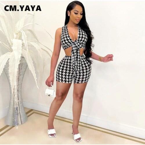 CM.YAYA Women Set Houndstooth Print Sleeveless Bandage Crop Tops Strechy Shorts Two 2 Piece Sets Active Tracksuit Summmer Outfit