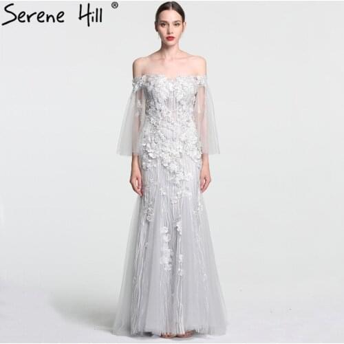 2020 Vintage Off Shoulder Gray Mermaid Evening Dresses Real Pictures Handmade Flowers Party Gown Dubai Robe De Soiree BLA6162