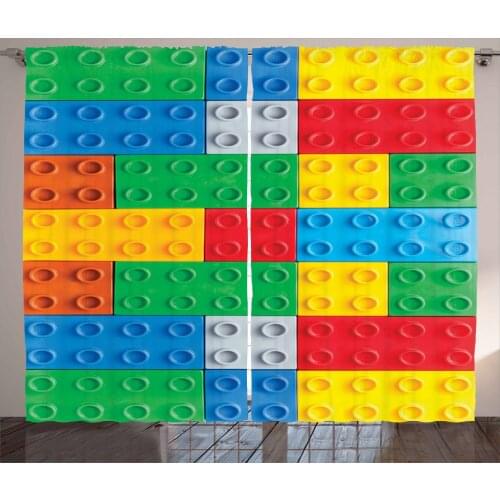 Colorful Puzzle Curtains Toy Print of Square Motives Satin Fabric Drapes for Living Room Bedroom 2 Panel Window Set