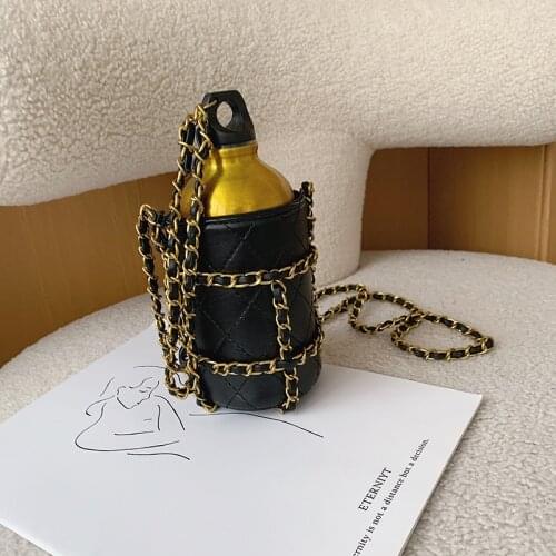 FANTASY New Special Design Removable Lattice Chain Water Bottle Shoulder Messenger Bag For Women PU Leather One Bag For Two Uses