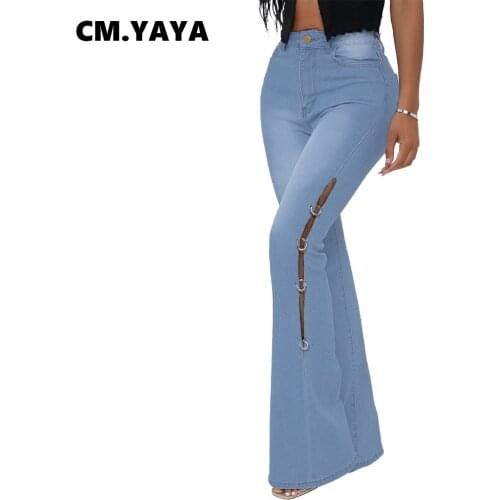 CM.YAYA Women Jeans Solid Long Flared Pants Stretchy Blue Vintage Streetwear High Waist Streetwear Autumn Trousers 2021
