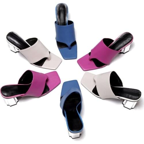 HARAVAL High Heels Women Slides Shoes Blue White Purple Elegant Outside Adult Genuine Leather Adult Solid High Quality B196