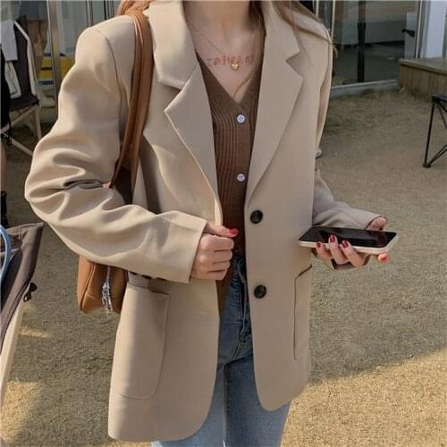 Korean Women Chic Casual Blazer Jacket Office Lady Work Wear Single Breasted Basic Blazers Suit With Pockets