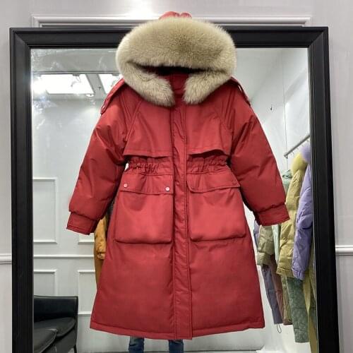 Aibeautyer Winter 90% White Duck Down Long Coat Thickness Warm Overcoats Jacket Women Large Natural Fur Collar Hooded Parkas