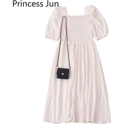 Women Fashion 2021 New Summer Holiday Long White Black Dress Puff Sleeve Retro Square Collar Dress Slim High Waist A Line Dress