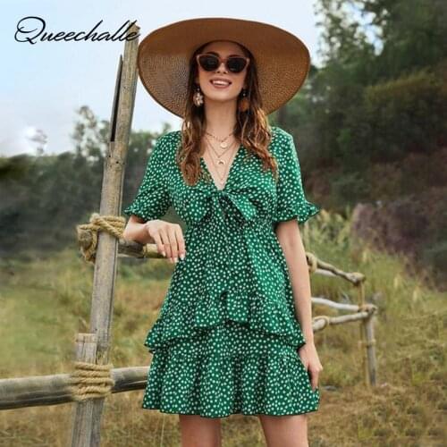 Green Dress Summer 2021 Deep V neck Bow Ties Ruffles Sweet Floral Print Dress Women Elastic Waist Empire Chiffon Dress Vestidos
