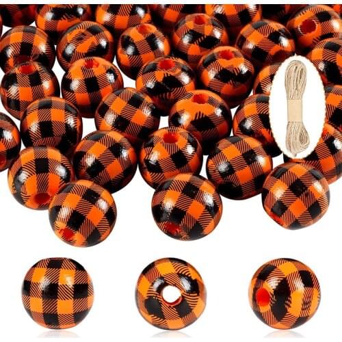 100Pcs White Plaid Wooden Beads Farmhouse Buffalo Wood BeadsPre-Drilled Beads with Hemp Rope for Country Garland