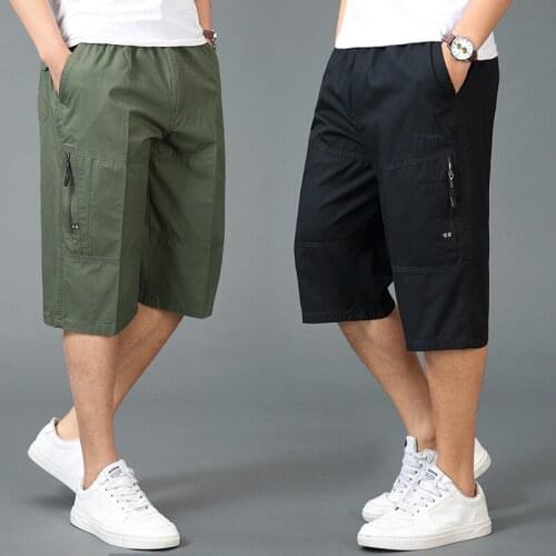 2020 mens summer loose cropped pants middle-aged and elderly thin elastic pants multi-pocket washed