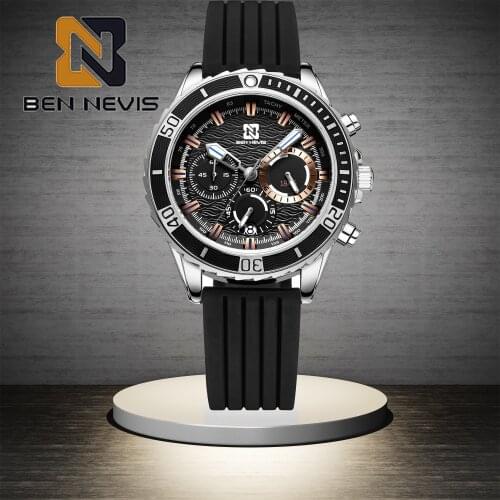 2021 New Quartz Watch Mens BENNEVIS Top Brand Mens Luxury Watch Casual Fashion Silicone Waterproof Calendar Chronograph Watch