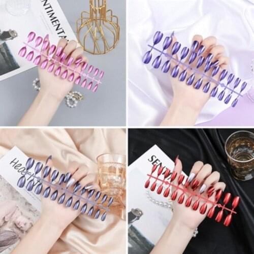 24Pcs Long Ballerina False Nails Tips Metallic Colorful Coffin Full Cover Fake Nails With Glue Nail Art Decor Manicure Extension