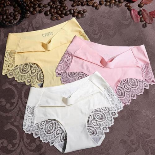 3PCS Women Sexy Lace Panties Ice Silk Seamless Breathable Underwear Low-Rise Briefs Panties for Girls Ladies Bikini Lingerie