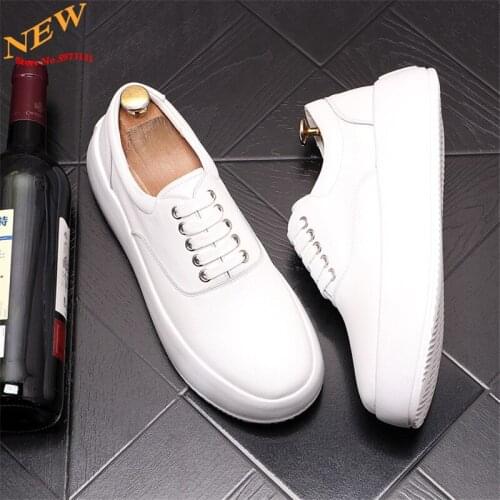 White Men Casual Shoes Leather Loafers Web Celebrity hip hop Round head Platform Shoes Tennis Chaussure Homme