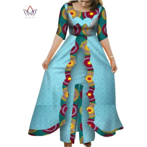 Bintarealwax Africa Dresses For Women Dashiki O- neck 2 layers Long Skirt Clothing Pachwork Short Sleeve party dress WY7961