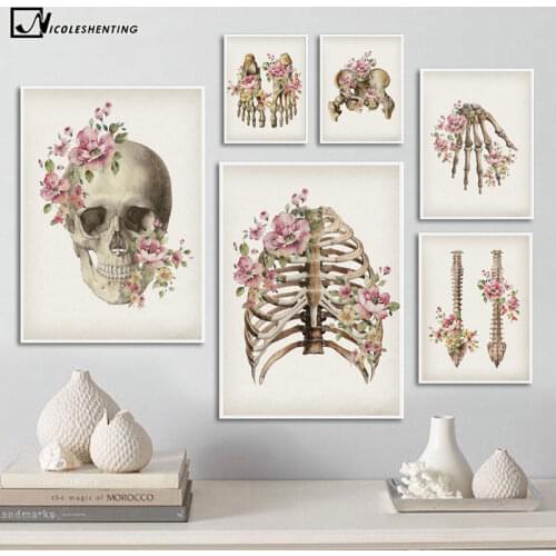 Floral Skeletal Bones Anatomy Poster Skull Spine Medical Wall Art Print Canvas Painting Abstract Picture Clinic Home Decoration