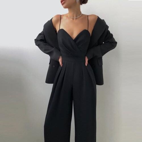 Elegant Fold V Neck Straight Jumpsuit Women 2021 Spring Backless High Waist Sling Bodysuit Summer Solid Wide Leg Romper Overalls