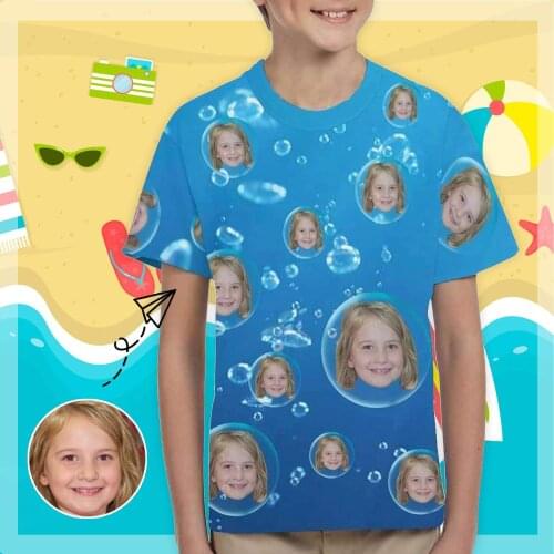 Custom Face Photo Blue Bubble Kids All Over Print T-shirt Personalized Design Summer Casual Top Unique Gift For Children