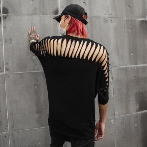 Men summer hollow out sexy half sleeve oversized t shirt rivet punk rock hip hop tee shirts nightclub DJ singer stage costume