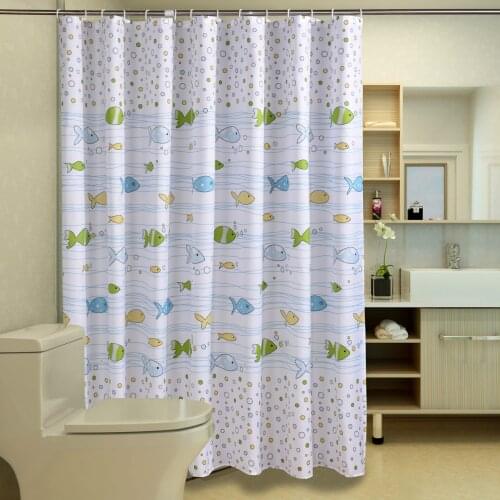 GY3558 Blue Cartoon Little Fish Fabric Shower Curtain Sets Bathroom Decor Hooks Waterproof