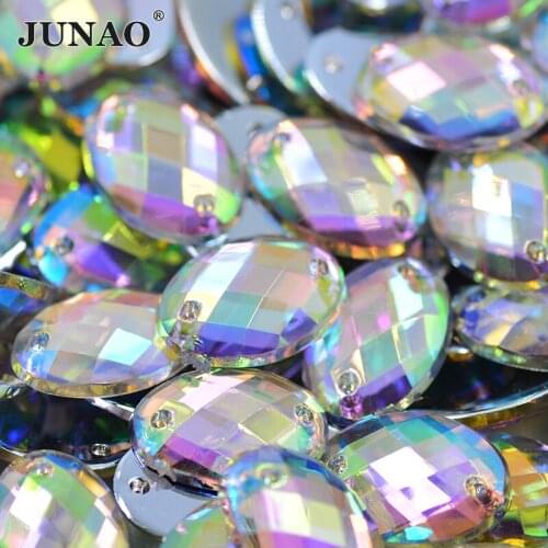 JUNAO 10*14mm Sewing Crystal AB Oval Rhinestones Flat Back Clear Crystals Acrylic Stones Sew On Strass Beads for Clothes Crafts