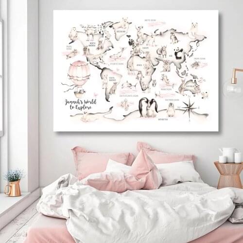 Woodland Animal World Map Poster Art Prints Wall Art Nursery Watercolour Map Custom Name Canvas Painting for Kid Room Decoration