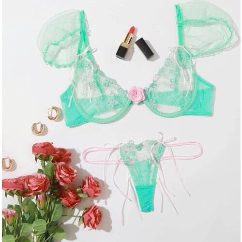 Women Sexy Lingerie Set Sweet Mint Green Lace Bra G-string Thong Suit Ladies Bustier Underwear bielizna damska белье женское