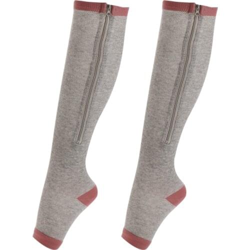 Compression Zip Up Socks Open-Toe Zipper Leg Support Knee Stocking Gray