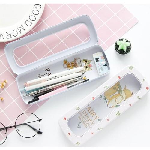 1pcs Creative Tinplate Stationery Box Girls Fresh Cute Cute Multifunction Tin Pupils Open Stationery Pen Box