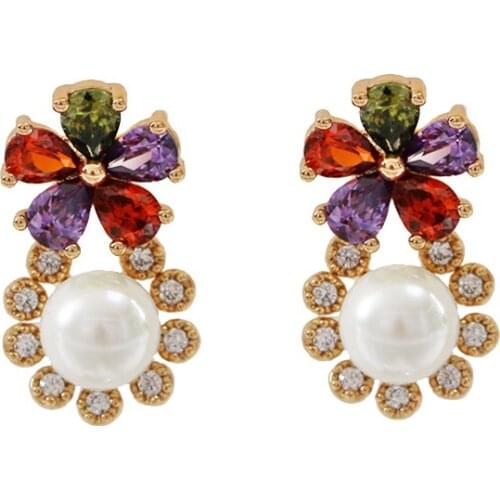 LANFLORA new colorful flowers zircon women pearl stud earrings copper alloy earrings Classic bulk wholesale earrings