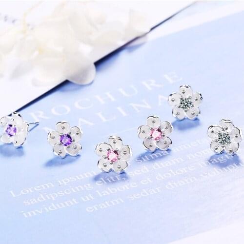 Cute Romantic Cherry Blossoms Stud Earrings For Girls Colorful Zircon Stone Tiny Flower Korean Female Daily Earring Accessories