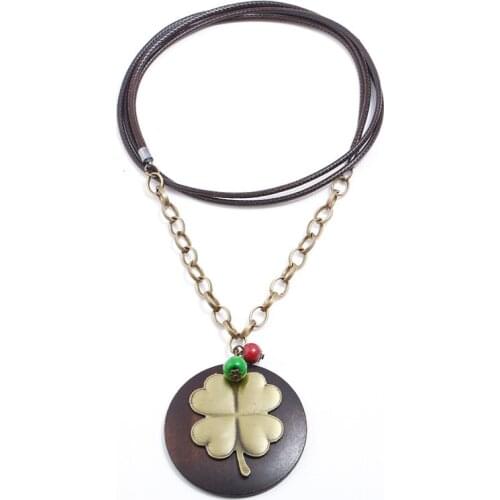 Fashion Women Four Leaf Clover Statement Necklace Vintage Pendant Multi-layer Long Rope Leather Lucky Chain Casual Retro Jewelry
