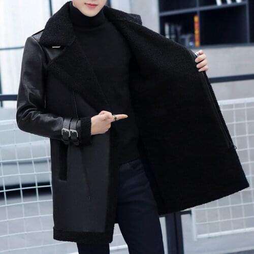 Mens Autumn Winter 2021 Casual Mid-Long Thicken Fleece Faux Leather Jacket Parkas Daily Warm Windbreaker Synthetic Leather Coat