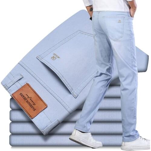 2021 Autumn MenS Loose Straight-Leg Thin Jeans Business Casual Stretch Denim Trousers Slim-Fit Soft Pants Male Classic Brand