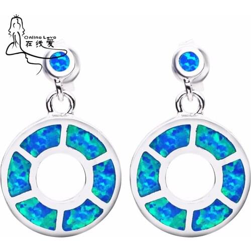 Real Silver Plated Top Quality Blue Opal Timeless Fashion Circle Earrings for Women Jewelry Gift Drop Earrings ER238