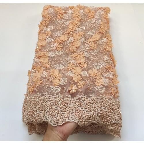 Luxury Handmade Beads Lace Embroidery French Tulle Mesh Lace Fabric Orange African Net Lace Fabric for Women Dress Z0439