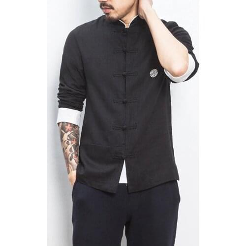 Mens loose cotton and linen long-sleeved shirt 2020 autumn brand clothing Japanese style Chinese style fashion shirt black red