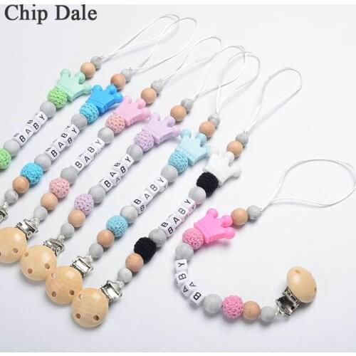 Chip Dale Baby Silicone Pacifier Clips Chain Crown DIY Pacifier Chain with Wooden Holder Infant Feeding Teething Chew Toys