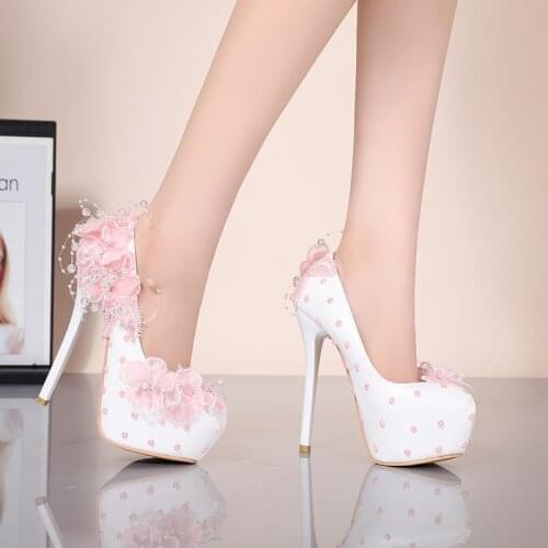 YIHONGMEIQI Waterproof platform high heels wedding shoes lace flower 14 cm stiletto brides shoes white pink size 42