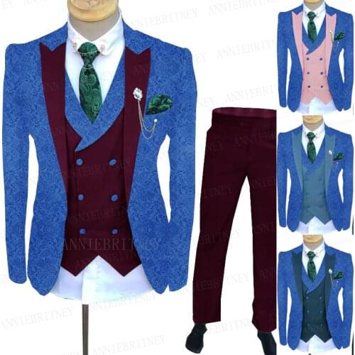 2021 Jacquard Blue Suit Men Burgundy Vest Pants 3 pieces Custom Made Business Tuxedo Fashion Best Man Groom Dinner Wedding Suits